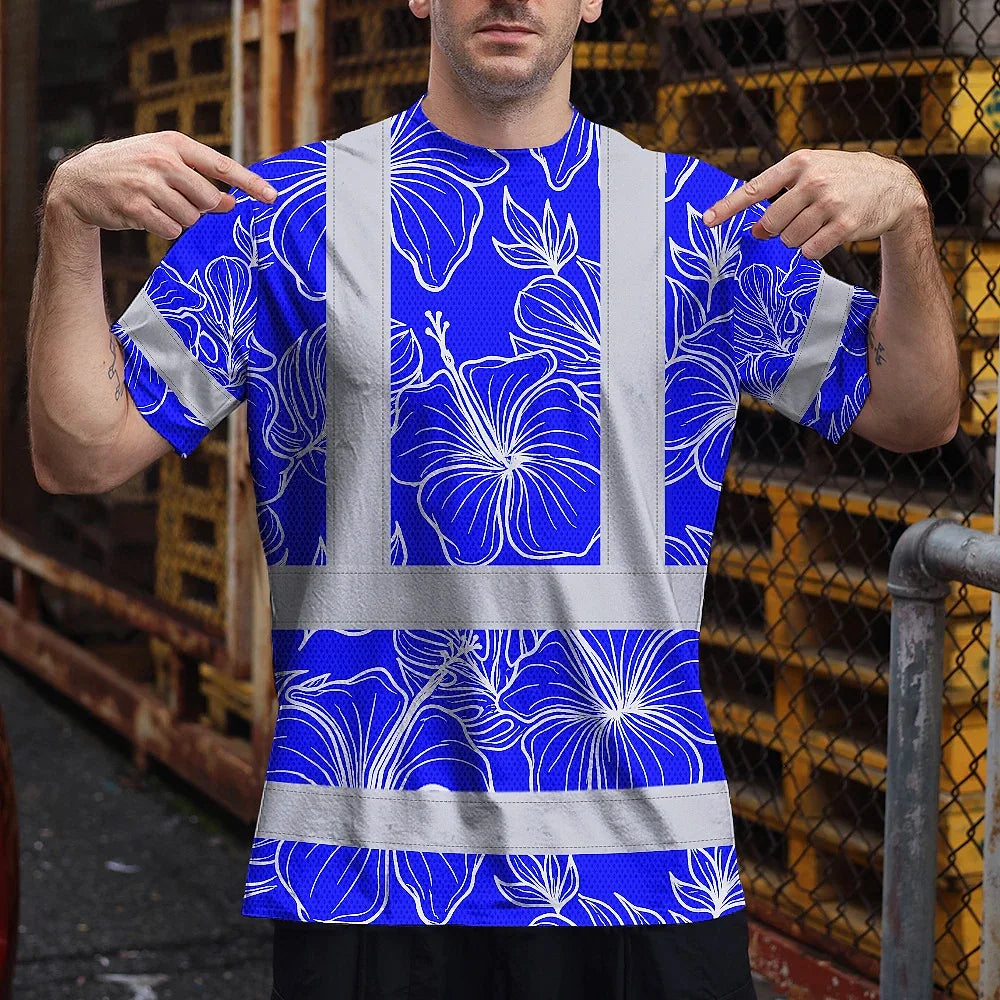 Hi Vis Shirt Reflective Tapes Blue Neon Flowers Custom Name Safety Workwear For Workers, Truckers, Operators