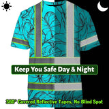 Hi Vis Shirt Reflective Tapes Blue Neon Flowers Custom Name Safety Workwear For Workers, Truckers, Operators