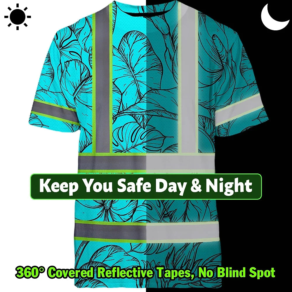 Hi Vis Shirt Reflective Tapes Blue Neon Flowers Custom Name Safety Workwear For Workers, Truckers, Operators