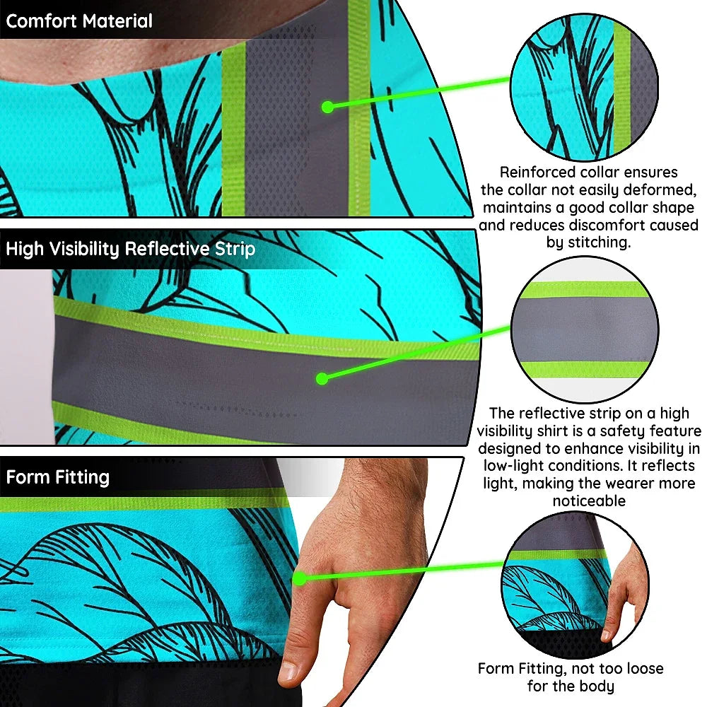 Hi Vis Shirt Reflective Tapes Blue Neon Flowers Custom Name Safety Workwear For Workers, Truckers, Operators