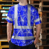 Hi Vis Shirt Reflective Tapes Blue Neon Flowers Custom Name Safety Workwear For Workers, Truckers, Operators