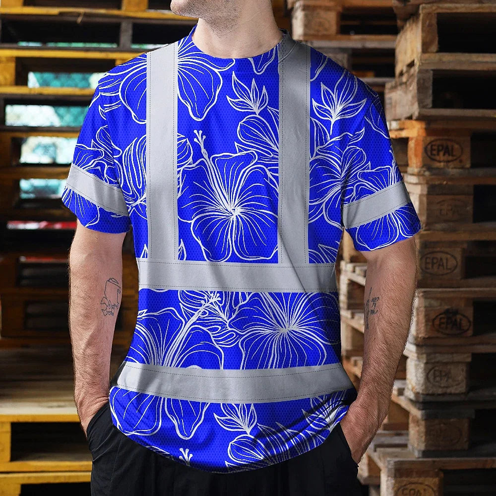 Hi Vis Shirt Reflective Tapes Blue Neon Flowers Custom Name Safety Workwear For Workers, Truckers, Operators