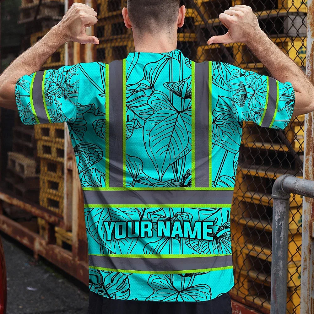 Hi Vis Shirt Reflective Tapes Blue Neon Flowers Custom Name Safety Workwear For Workers, Truckers, Operators