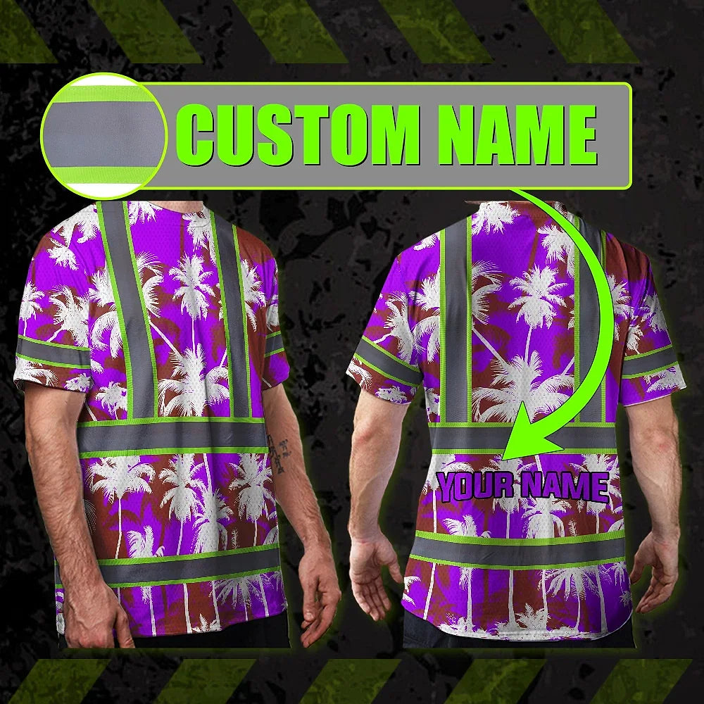 Hi Vis Shirt Reflective Tapes Blue Neon Flowers Custom Name Safety Workwear For Workers, Truckers, Operators