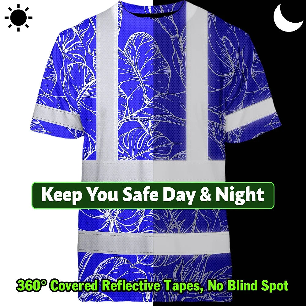 Hi Vis Shirt Reflective Tapes Blue Neon Flowers Custom Name Safety Workwear For Workers, Truckers, Operators