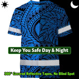 Hi Vis Shirt Reflective Tapes Blue Neon Polynesian Tribal Custom Name Safety Workwear For Workers, Truckers, Operators
