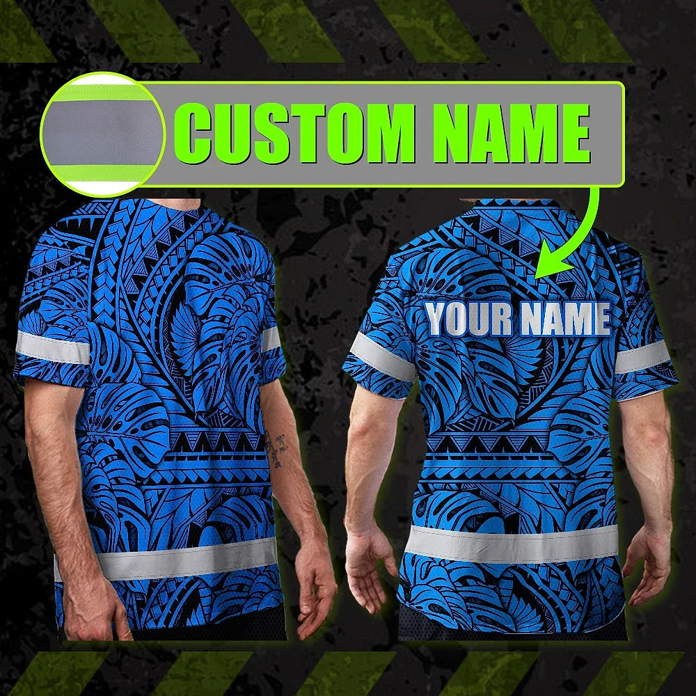 Hi Vis Shirt Reflective Tapes Blue Neon Polynesian Tribal Custom Name Safety Workwear For Workers, Truckers, Operators