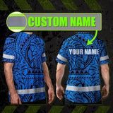 Hi Vis Shirt Reflective Tapes Blue Neon Polynesian Tribal Custom Name Safety Workwear For Workers, Truckers, Operators
