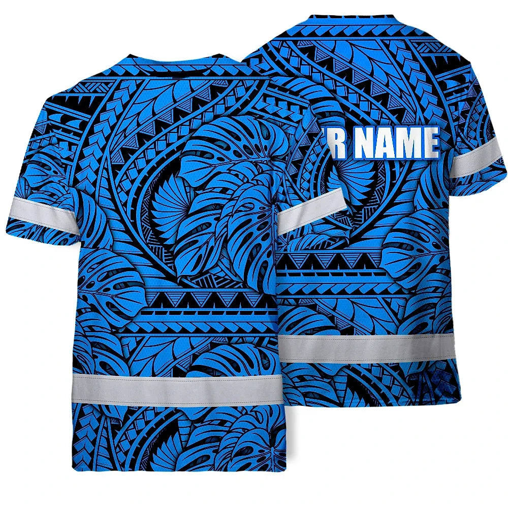 Hi Vis Shirt Reflective Tapes Blue Neon Polynesian Tribal Custom Name Safety Workwear For Workers, Truckers, Operators