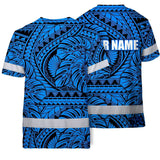 Hi Vis Shirt Reflective Tapes Blue Neon Polynesian Tribal Custom Name Safety Workwear For Workers, Truckers, Operators