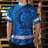 Hi Vis Shirt Reflective Tapes Blue Neon Polynesian Tribal Custom Name Safety Workwear For Workers, Truckers, Operators