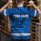 Hi Vis Shirt Reflective Tapes Blue Neon Polynesian Tribal Custom Name Safety Workwear For Workers, Truckers, Operators