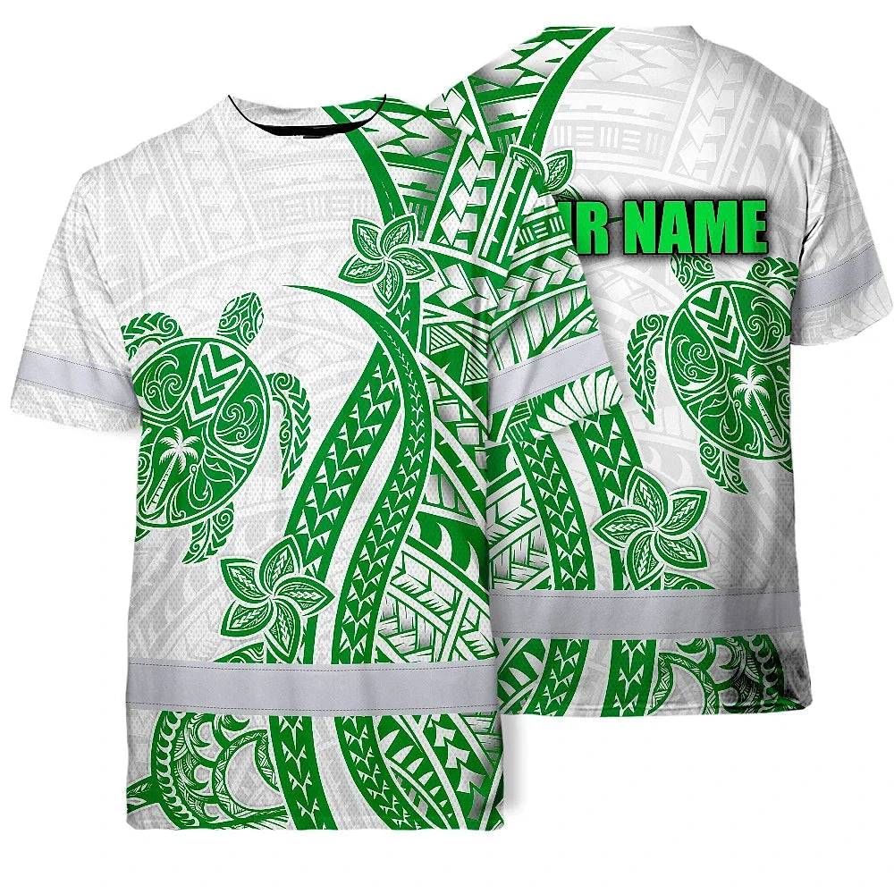 Hi Vis Shirt Reflective Tapes Dark Green Neon Polynesian Turtle Custom Name Safety Workwear For Workers, Truckers, Operators