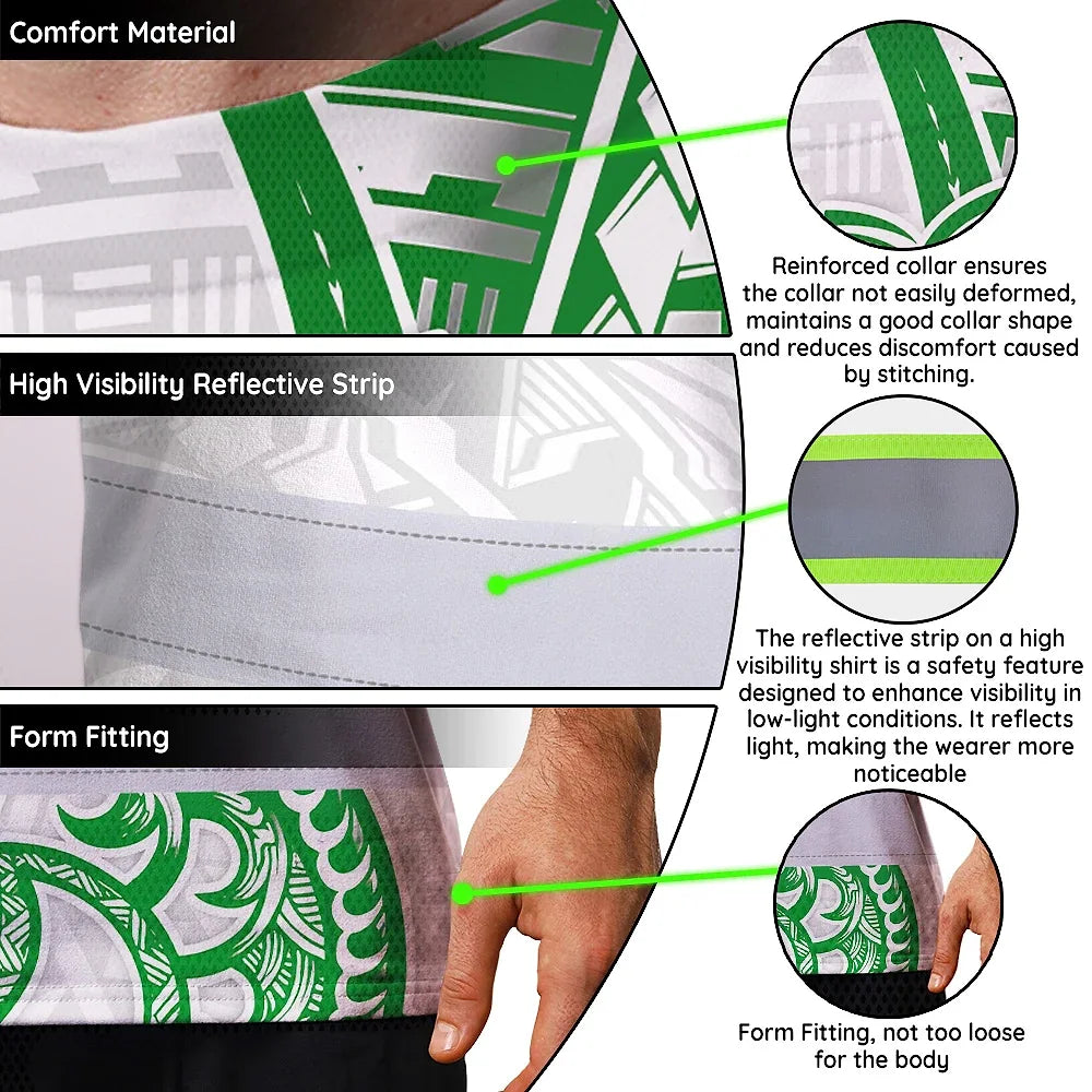 Hi Vis Shirt Reflective Tapes Dark Green Neon Polynesian Turtle Custom Name Safety Workwear For Workers, Truckers, Operators