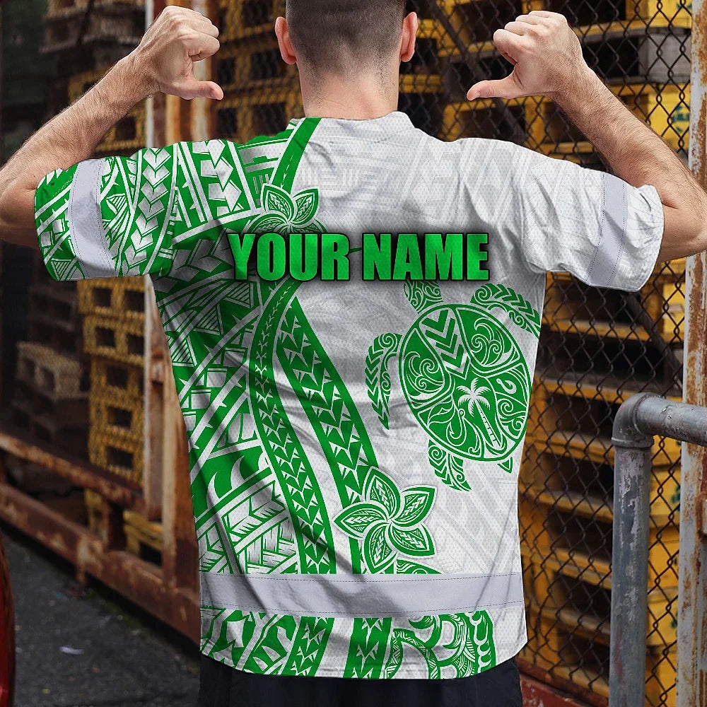 Hi Vis Shirt Reflective Tapes Dark Green Neon Polynesian Turtle Custom Name Safety Workwear For Workers, Truckers, Operators