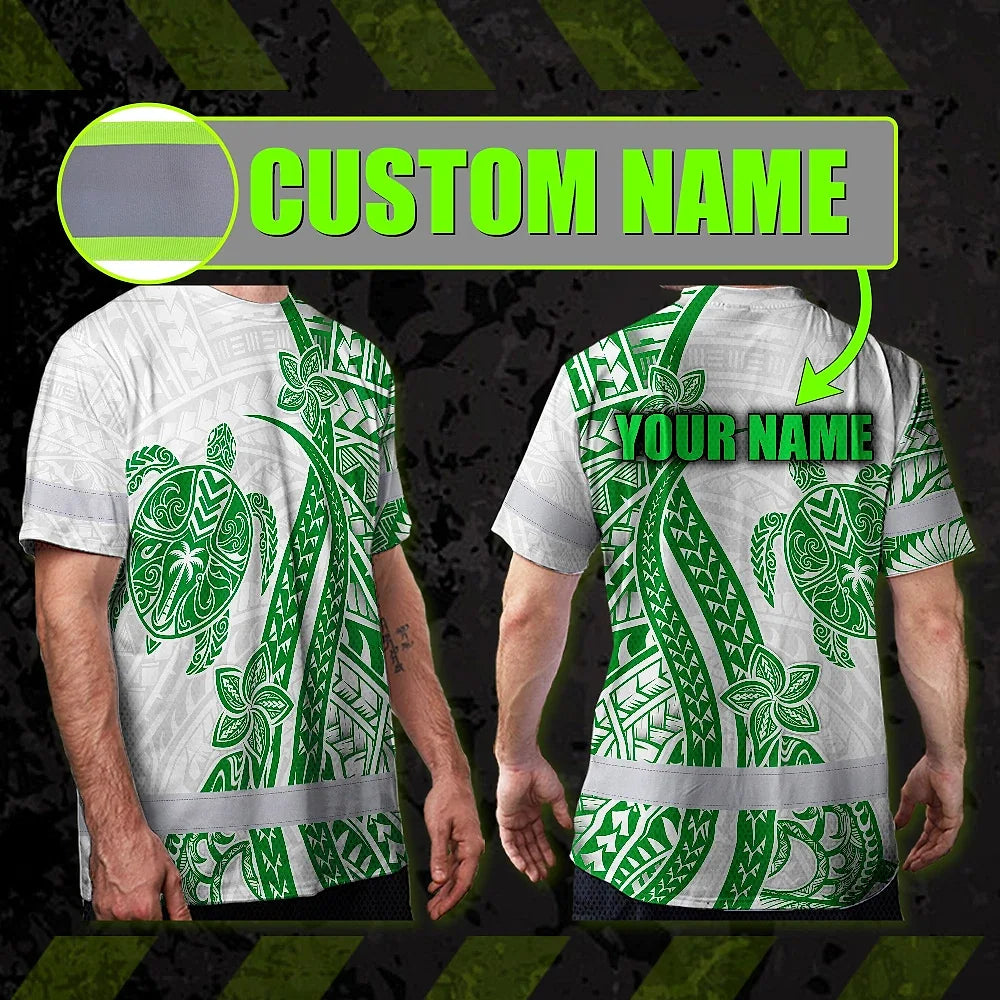 Hi Vis Shirt Reflective Tapes Dark Green Neon Polynesian Turtle Custom Name Safety Workwear For Workers, Truckers, Operators