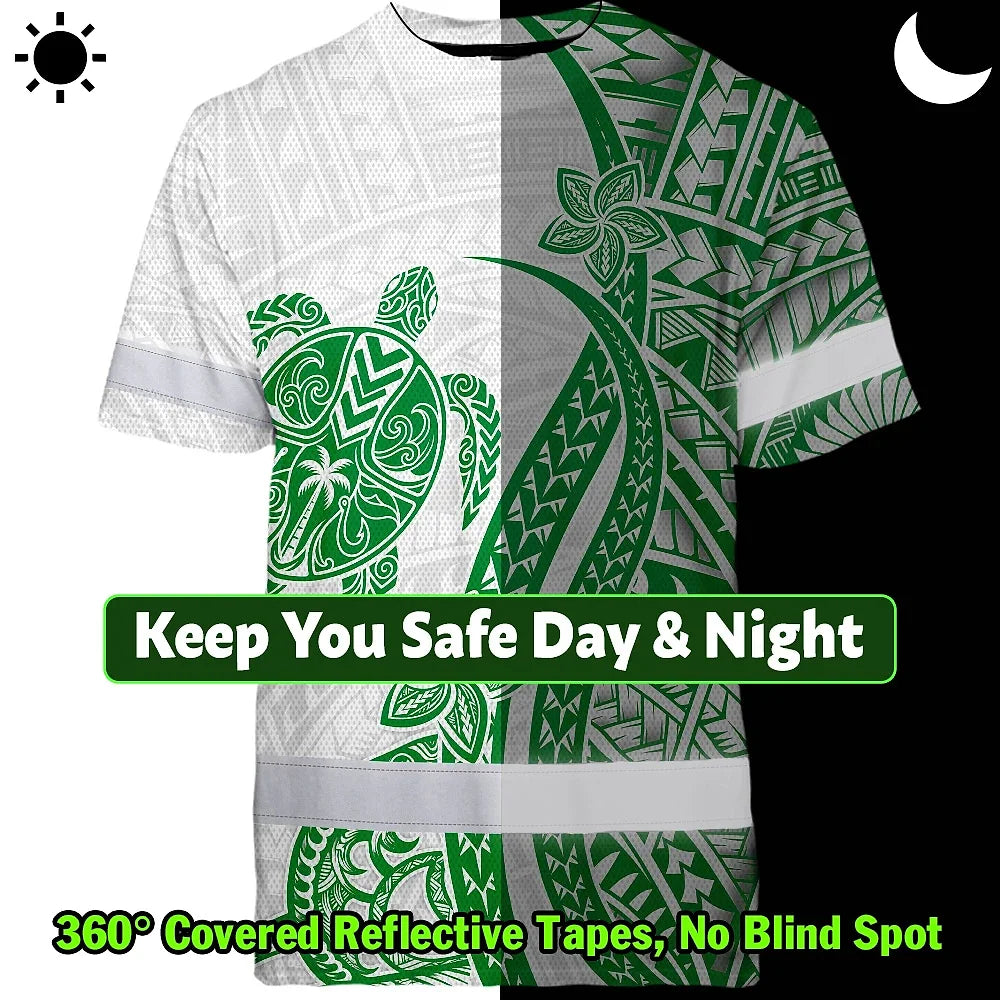 Hi Vis Shirt Reflective Tapes Dark Green Neon Polynesian Turtle Custom Name Safety Workwear For Workers, Truckers, Operators