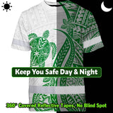 Hi Vis Shirt Reflective Tapes Dark Green Neon Polynesian Turtle Custom Name Safety Workwear For Workers, Truckers, Operators