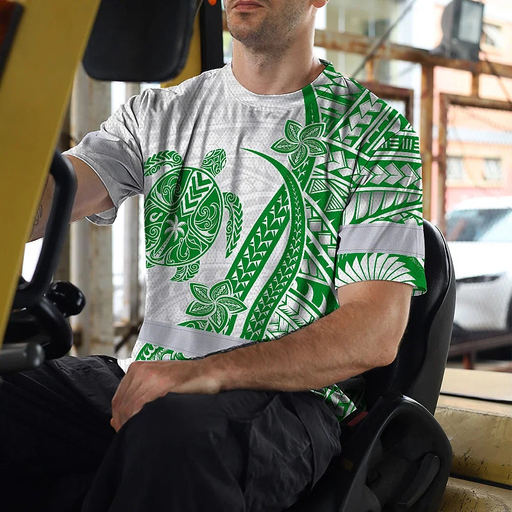 Hi Vis Shirt Reflective Tapes Dark Green Neon Polynesian Turtle Custom Name Safety Workwear For Workers, Truckers, Operators