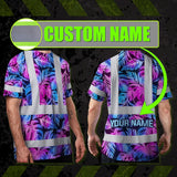 Hi Vis Shirt Reflective Tapes Gradient Blue Violet Custom Name Safety Workwear For Workers, Truckers, Operators