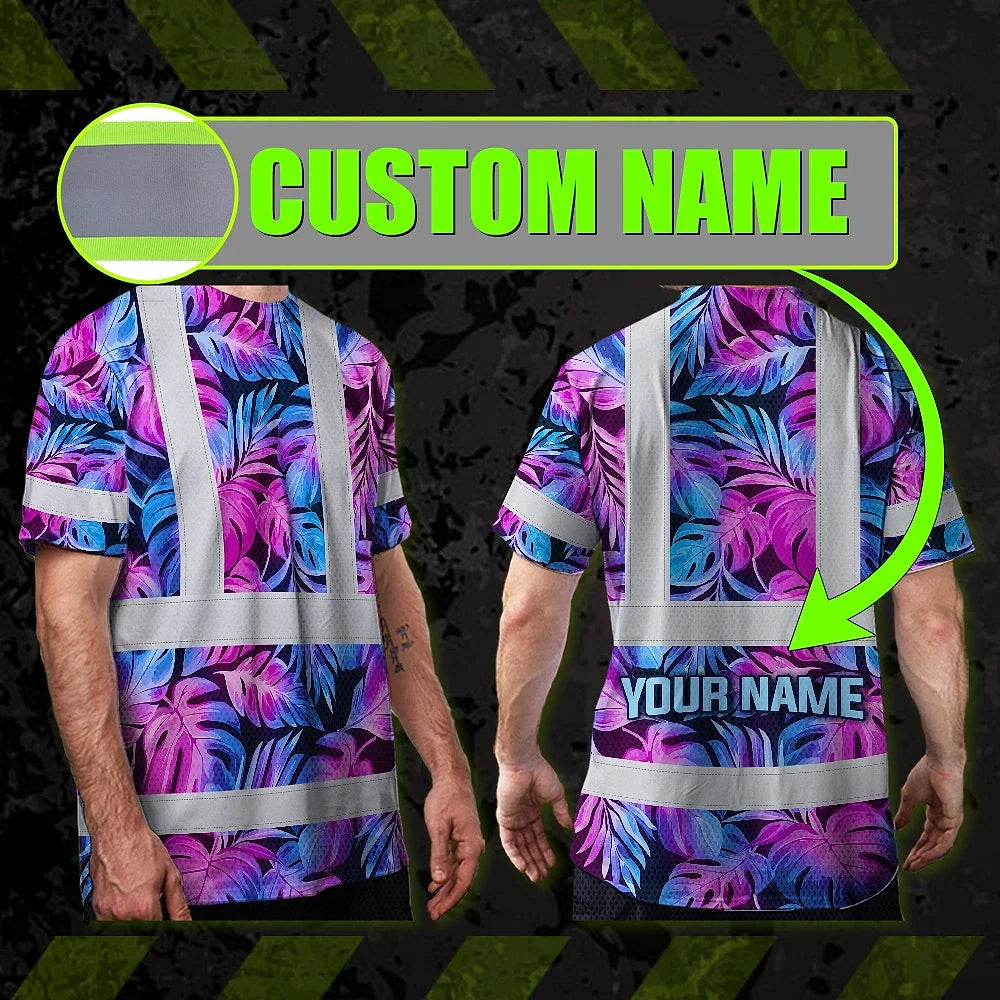 Hi Vis Shirt Reflective Tapes Gradient Blue Violet Custom Name Safety Workwear For Workers, Truckers, Operators