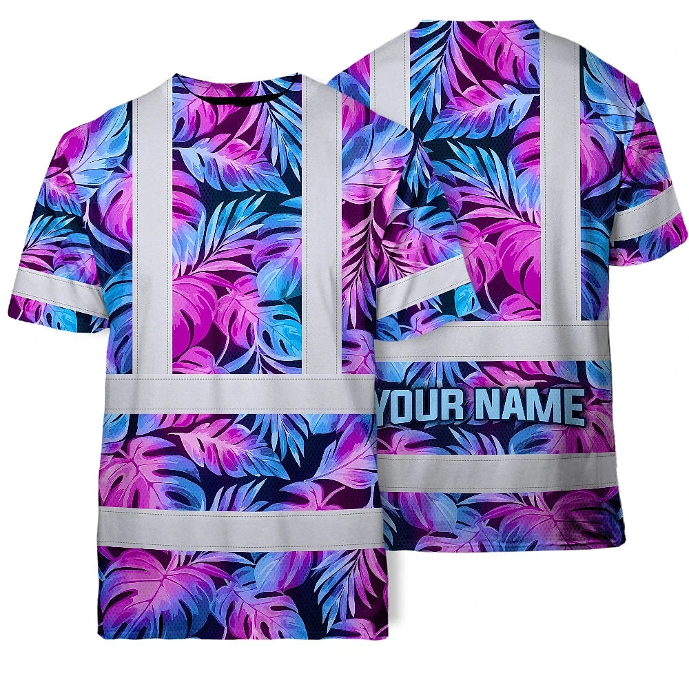 Hi Vis Shirt Reflective Tapes Gradient Blue Violet Custom Name Safety Workwear For Workers, Truckers, Operators