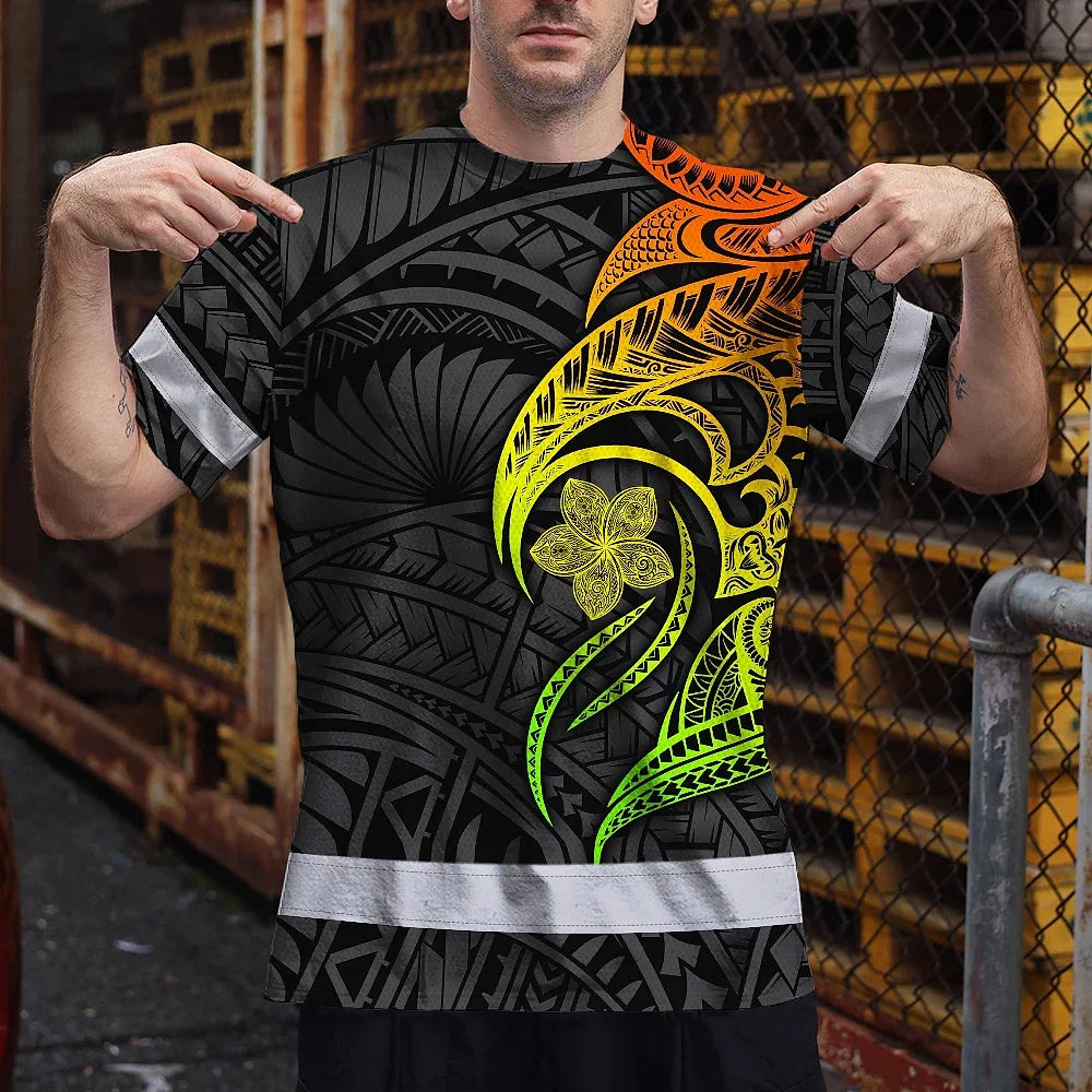 Hi Vis Shirt Reflective Tapes Gradient Green Orange Polynesian Tribal Custom Name Safety Workwear For Workers, Truckers, Operators