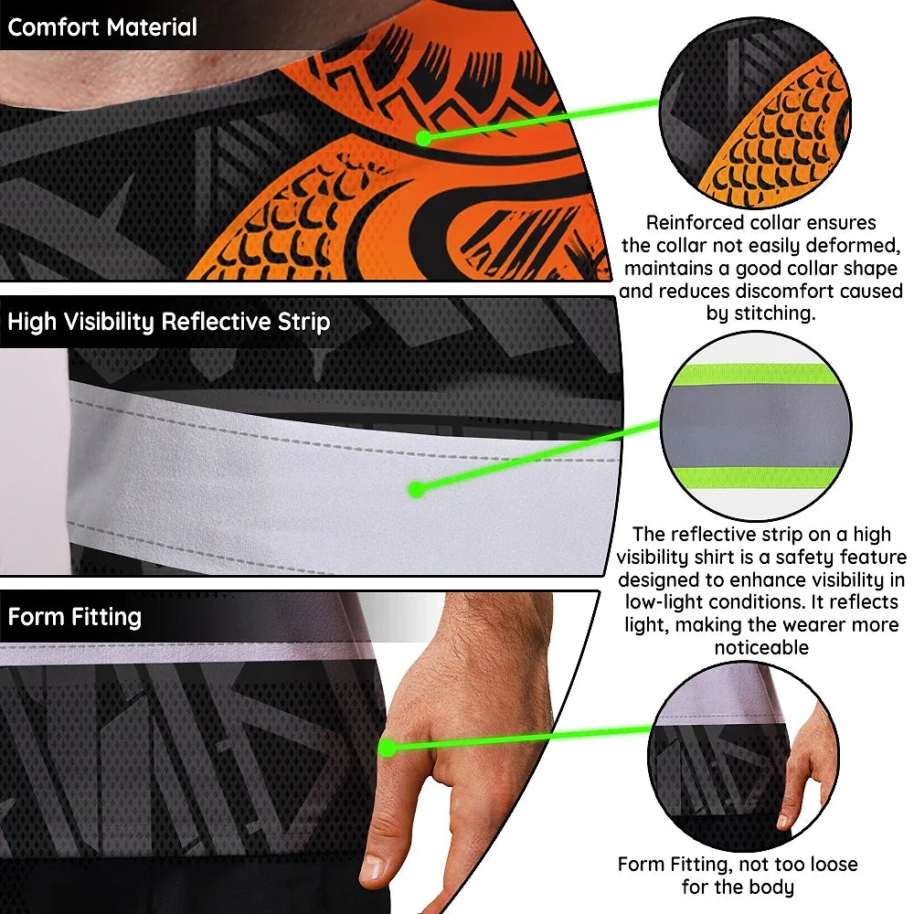 Hi Vis Shirt Reflective Tapes Gradient Green Orange Polynesian Tribal Custom Name Safety Workwear For Workers, Truckers, Operators