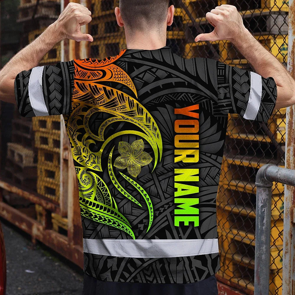 Hi Vis Shirt Reflective Tapes Gradient Green Orange Polynesian Tribal Custom Name Safety Workwear For Workers, Truckers, Operators