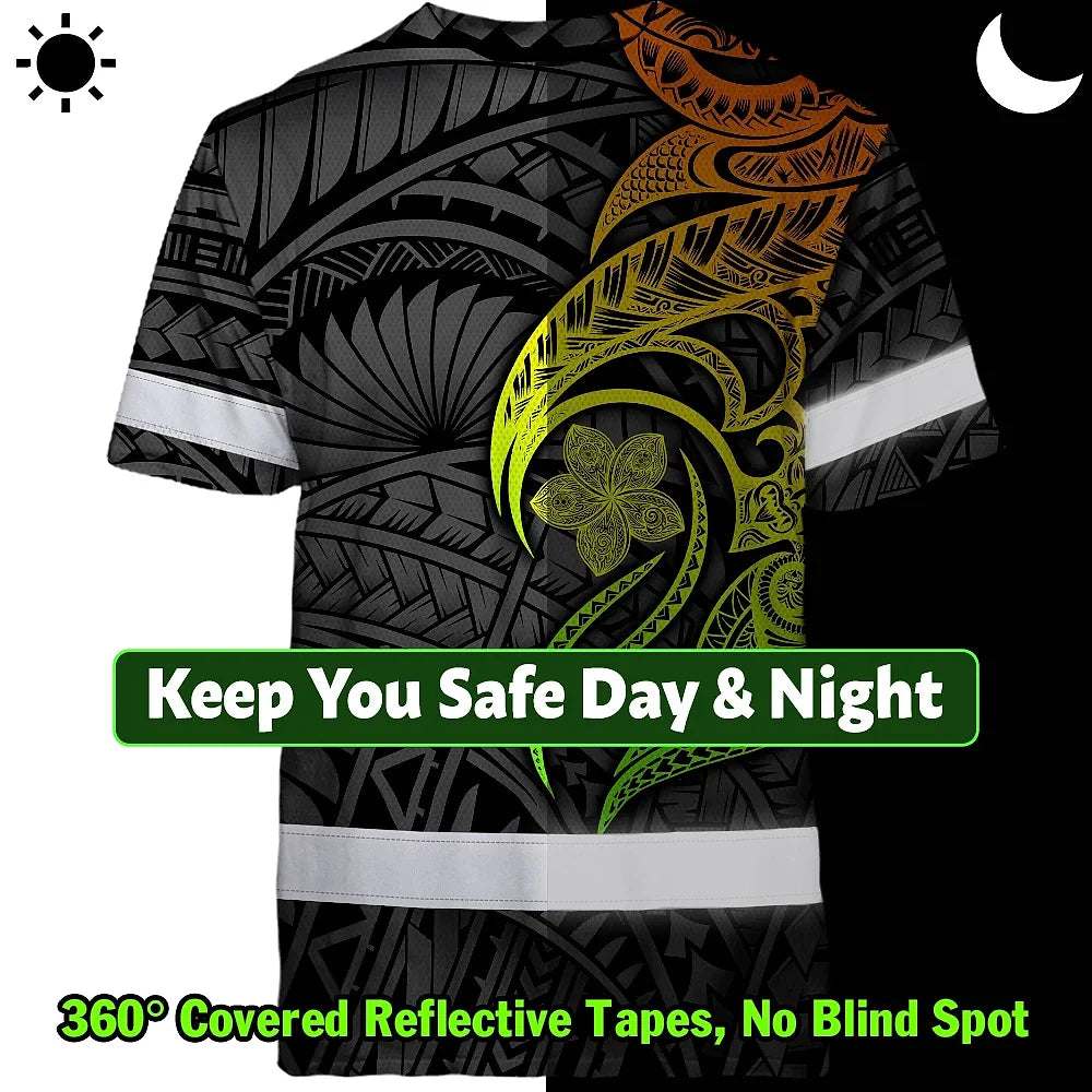 Hi Vis Shirt Reflective Tapes Gradient Green Orange Polynesian Tribal Custom Name Safety Workwear For Workers, Truckers, Operators