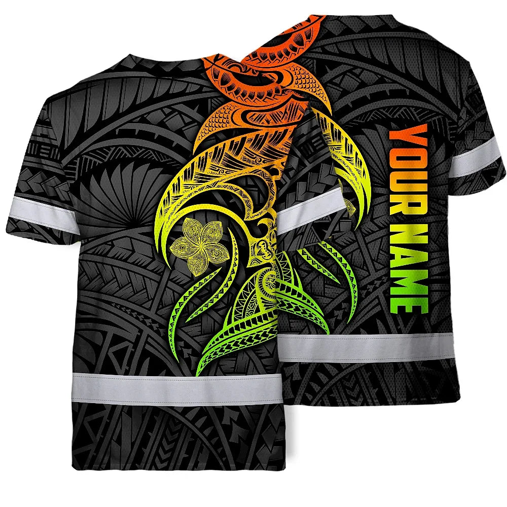 Hi Vis Shirt Reflective Tapes Gradient Green Orange Polynesian Tribal Custom Name Safety Workwear For Workers, Truckers, Operators