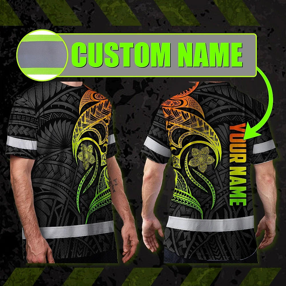 Hi Vis Shirt Reflective Tapes Gradient Green Orange Polynesian Tribal Custom Name Safety Workwear For Workers, Truckers, Operators