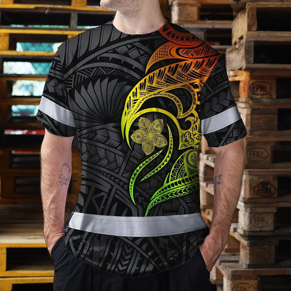 Hi Vis Shirt Reflective Tapes Gradient Green Orange Polynesian Tribal Custom Name Safety Workwear For Workers, Truckers, Operators
