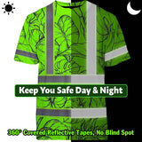 Hi Vis Shirt Reflective Tapes Green Black Neon Flowers Custom Name Safety Workwear For Workers, Truckers, Operators