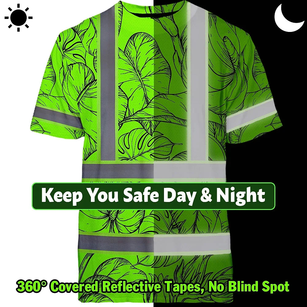 Hi Vis Shirt Reflective Tapes Green Black Neon Flowers Custom Name Safety Workwear For Workers, Truckers, Operators