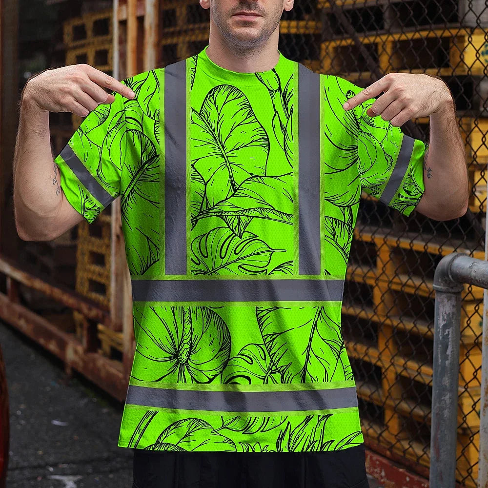 Hi Vis Shirt Reflective Tapes Green Black Neon Flowers Custom Name Safety Workwear For Workers, Truckers, Operators