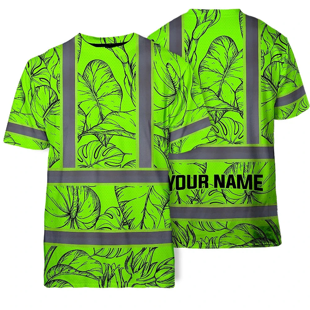 Hi Vis Shirt Reflective Tapes Green Black Neon Flowers Custom Name Safety Workwear For Workers, Truckers, Operators