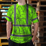 Hi Vis Shirt Reflective Tapes Green Black Neon Flowers Custom Name Safety Workwear For Workers, Truckers, Operators