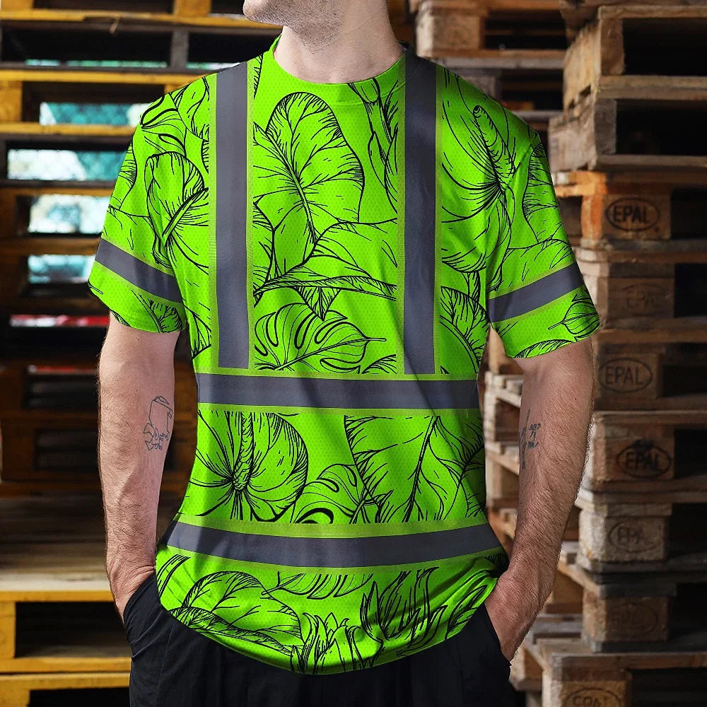 Hi Vis Shirt Reflective Tapes Green Black Neon Flowers Custom Name Safety Workwear For Workers, Truckers, Operators