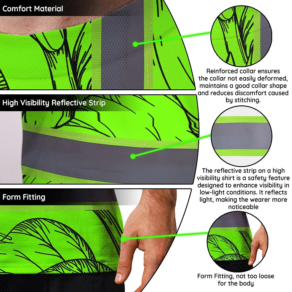 Hi Vis Shirt Reflective Tapes Green Black Neon Flowers Custom Name Safety Workwear For Workers, Truckers, Operators