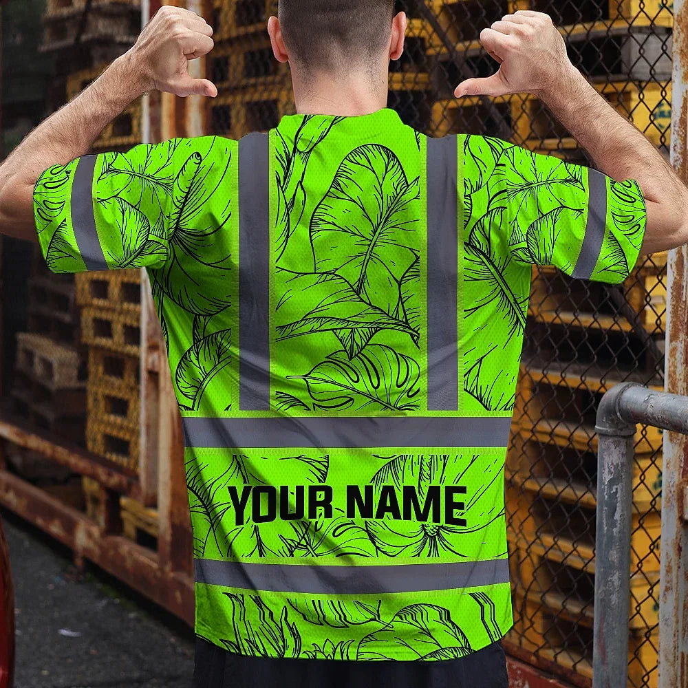 Hi Vis Shirt Reflective Tapes Green Black Neon Flowers Custom Name Safety Workwear For Workers, Truckers, Operators