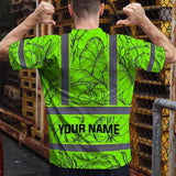 Hi Vis Shirt Reflective Tapes Green Black Neon Flowers Custom Name Safety Workwear For Workers, Truckers, Operators