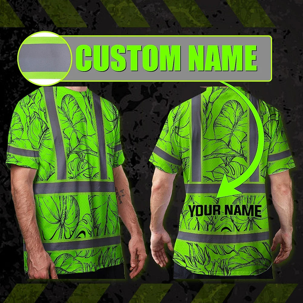 Hi Vis Shirt Reflective Tapes Green Black Neon Flowers Custom Name Safety Workwear For Workers, Truckers, Operators
