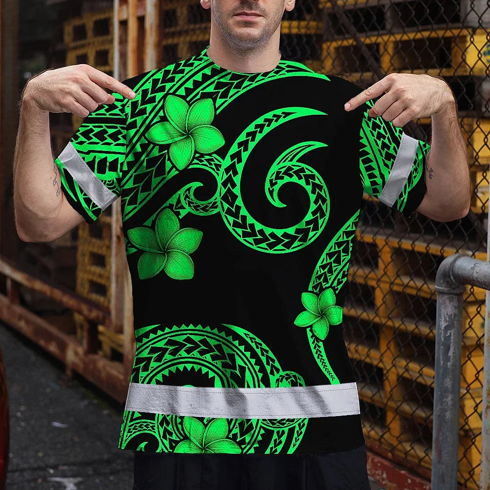 Hi Vis Shirt Reflective Tapes Green Black Polynesian Custom Name Safety Workwear For Workers, Truckers, Operators