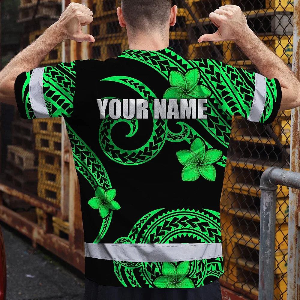 Hi Vis Shirt Reflective Tapes Green Black Polynesian Custom Name Safety Workwear For Workers, Truckers, Operators