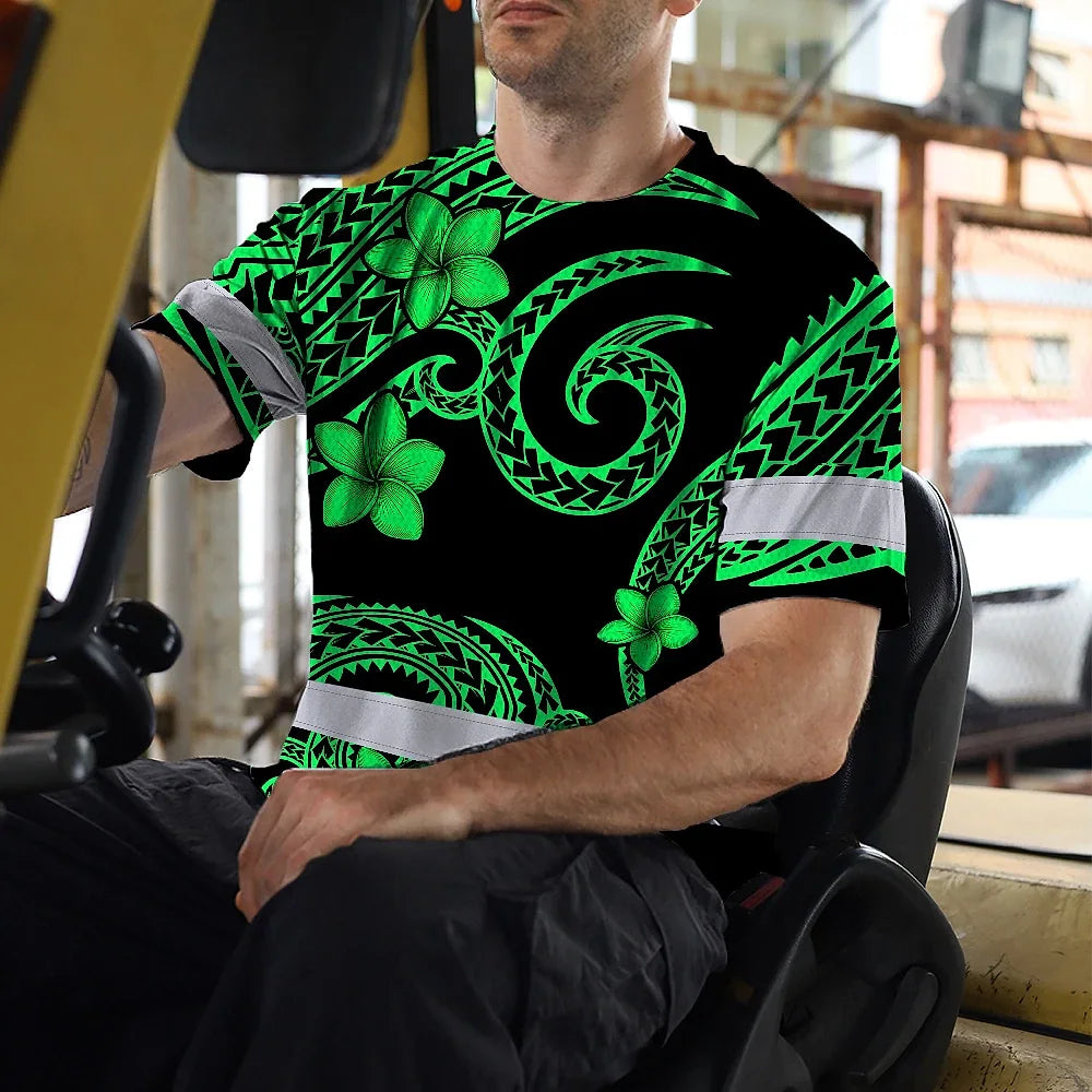 Hi Vis Shirt Reflective Tapes Green Black Polynesian Custom Name Safety Workwear For Workers, Truckers, Operators