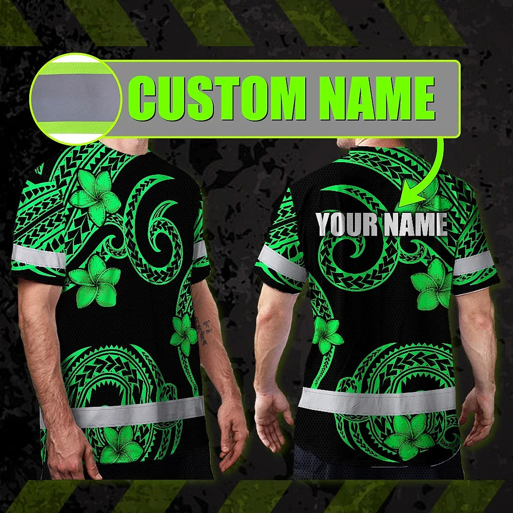 Hi Vis Shirt Reflective Tapes Green Black Polynesian Custom Name Safety Workwear For Workers, Truckers, Operators