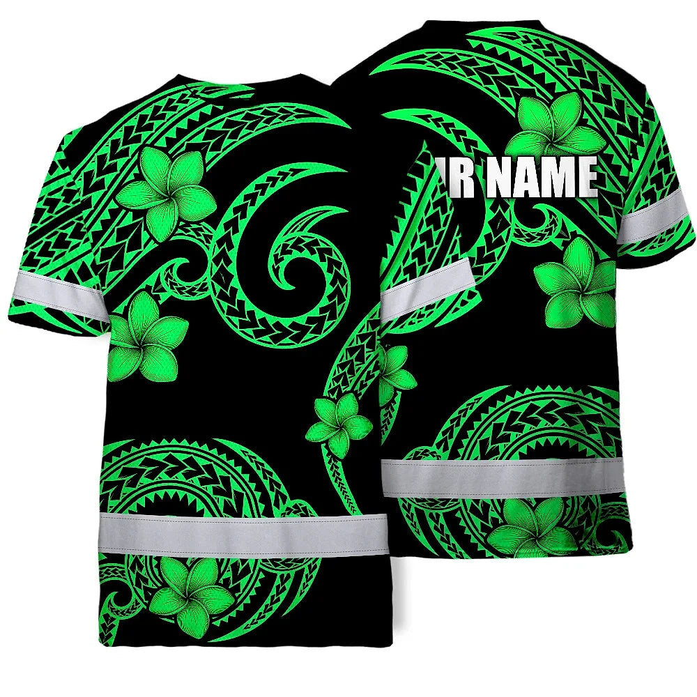 Hi Vis Shirt Reflective Tapes Green Black Polynesian Custom Name Safety Workwear For Workers, Truckers, Operators