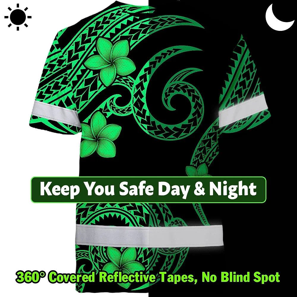 Hi Vis Shirt Reflective Tapes Green Black Polynesian Custom Name Safety Workwear For Workers, Truckers, Operators