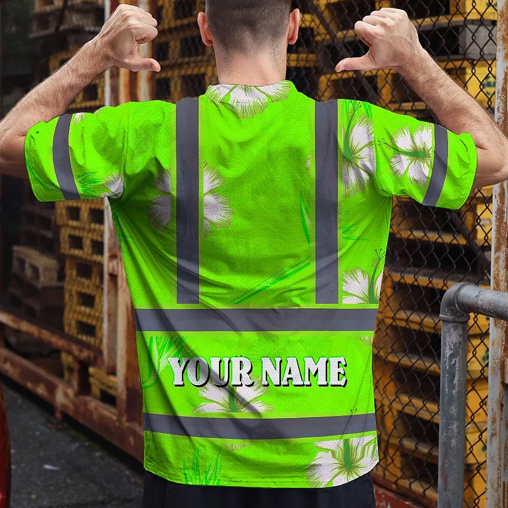 Hi Vis Shirt Reflective Tapes Green Neon Custom Name Safety Workwear For Workers, Truckers, Operators